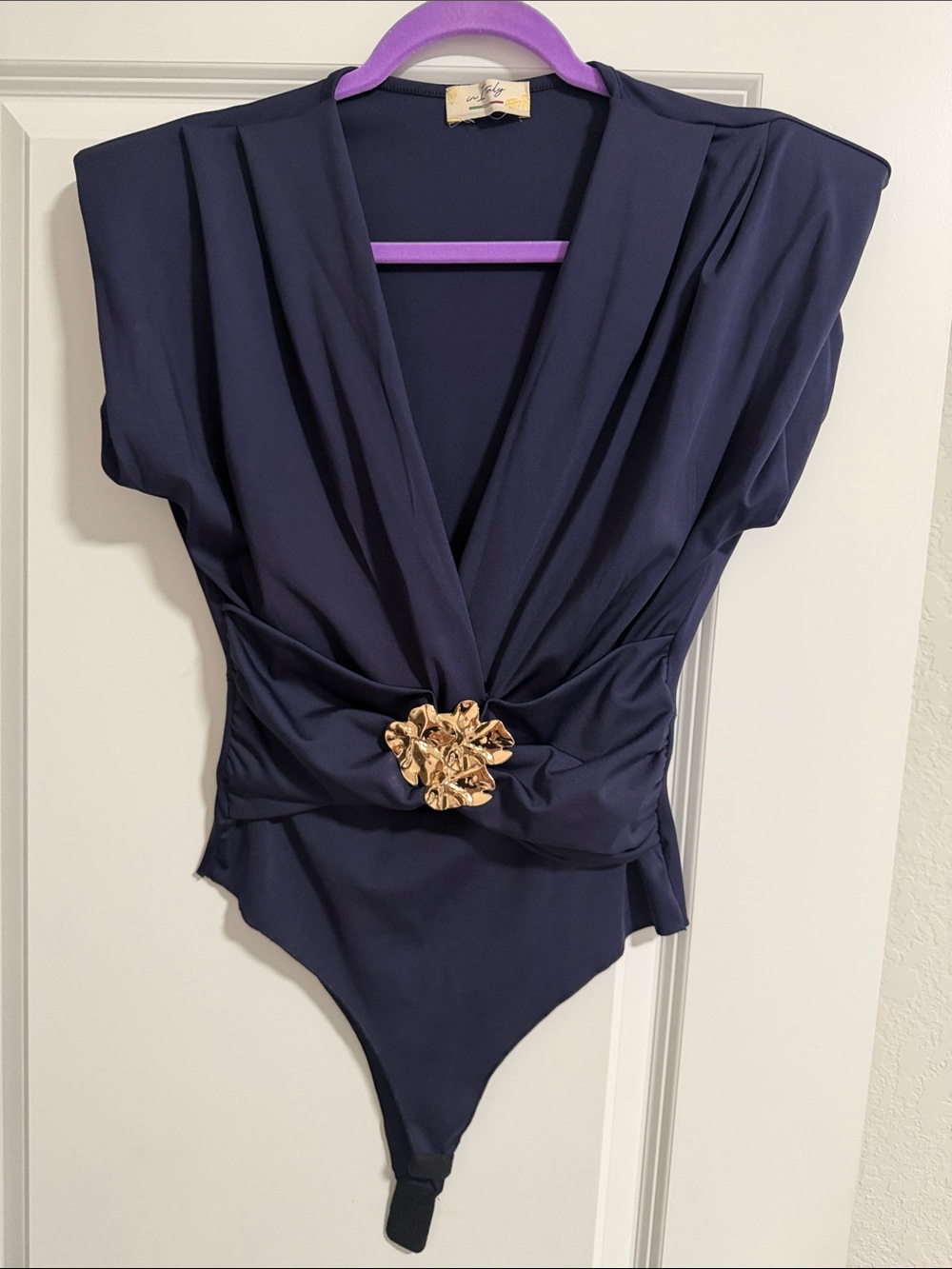 Elegant Navy Wrap Bodysuit with Gold Accent
